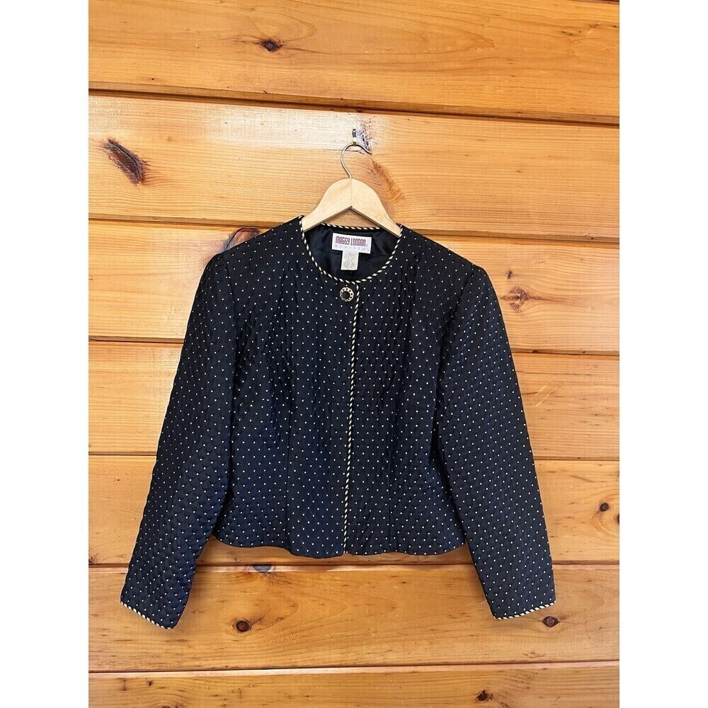 Vtg Maggy London Lined Blazer Women’s 6 Button Up Black W/ Gold Thread Jacket